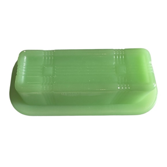 TPC Jadeite Butter Dish Green Glass Covered Tray Criss Cross Striped Retro - Picture 4 of 9